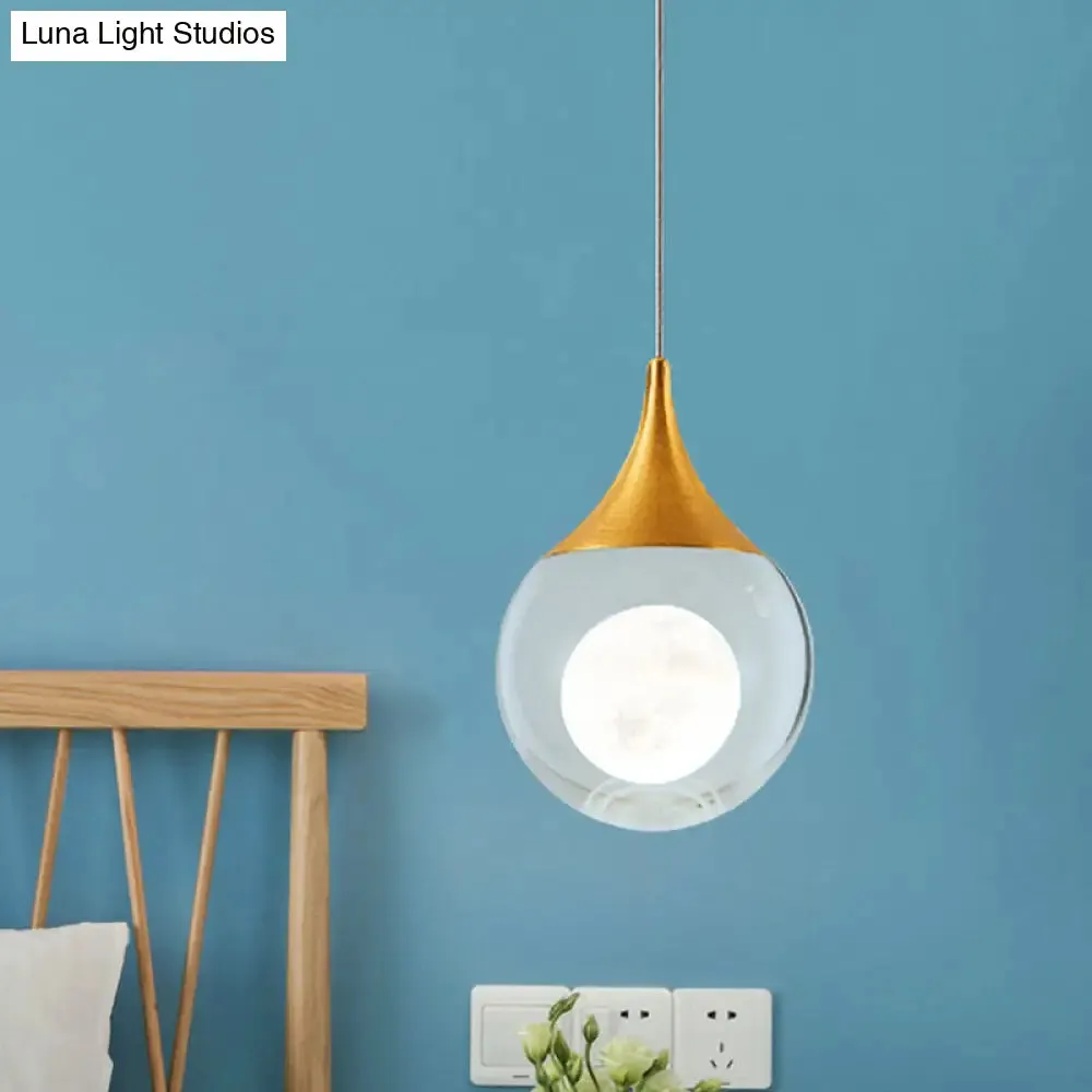 Modern Gold LED Pendant Light with Clear Crystal Sphere for Bedroom