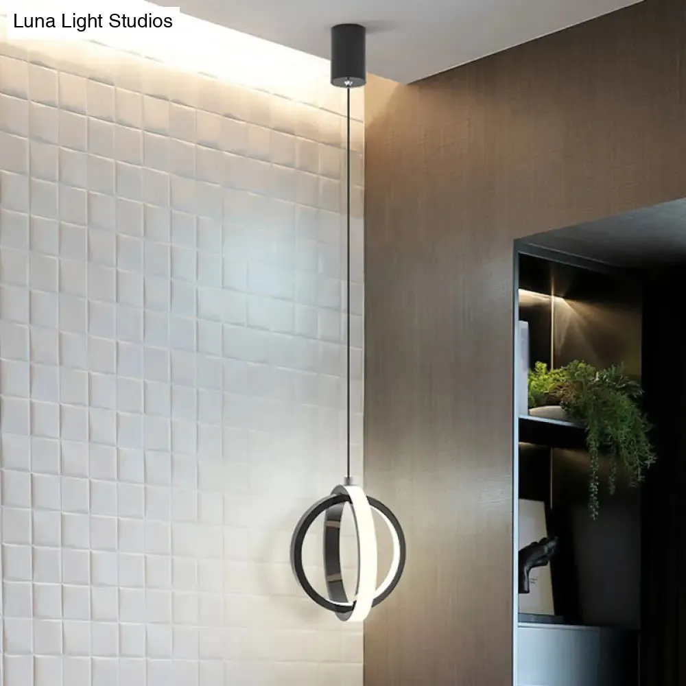 Modern LED Mini Pendant - Black/White Crossed Ring Down Suspension Light with Metallic Shade