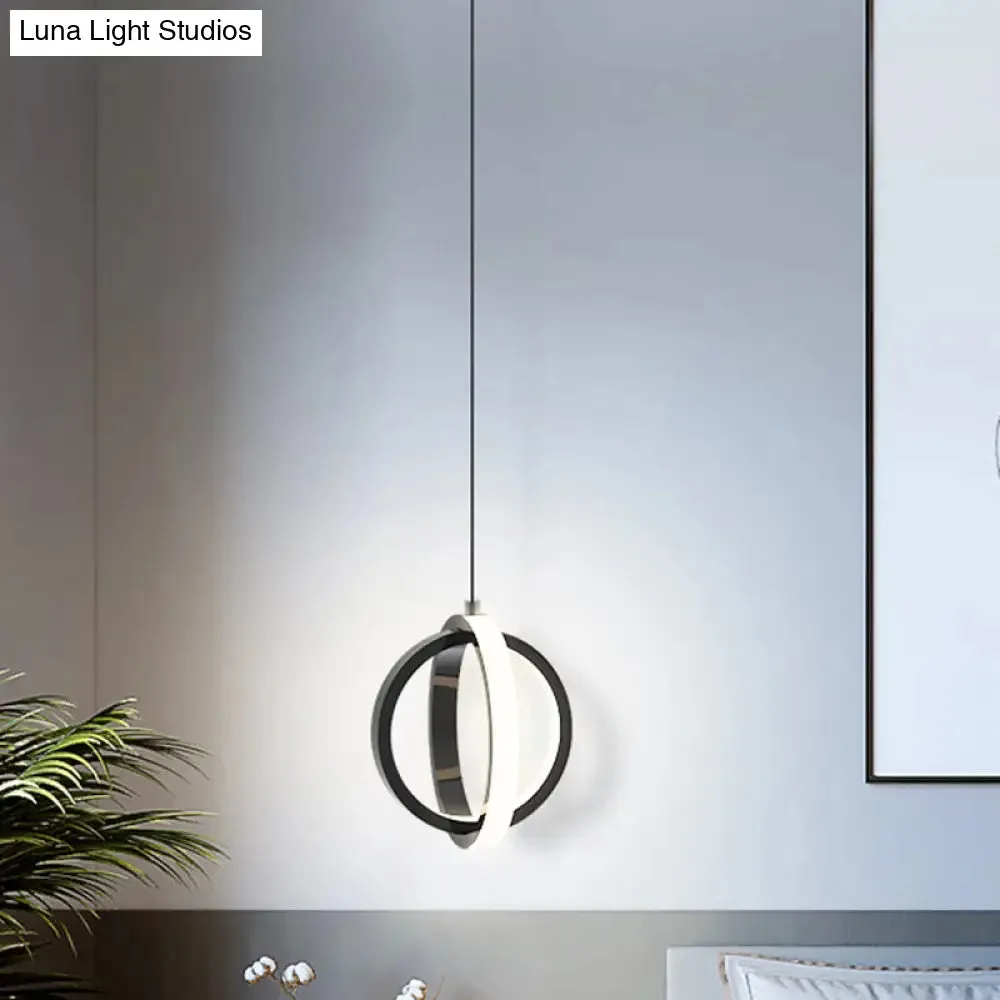 Modern LED Mini Pendant - Black/White Crossed Ring Down Suspension Light with Metallic Shade