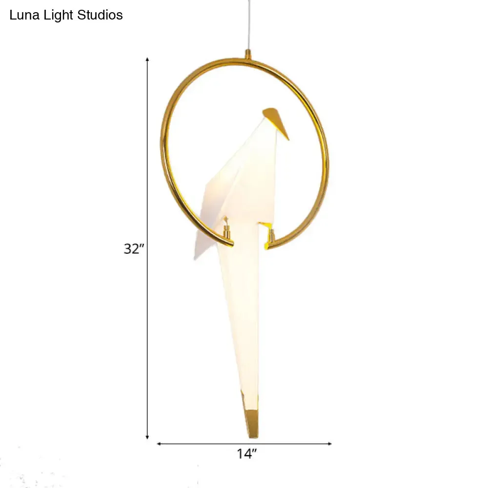 Modern LED Pendant Light with White Birdie Design, Metal Ring, and Warm/White Lighting