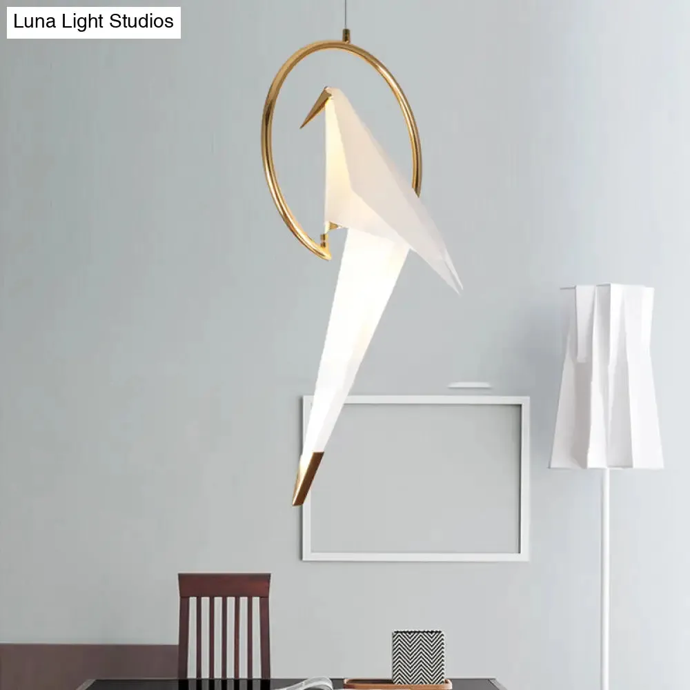 Modern LED Pendant Light with White Birdie Design, Metal Ring, and Warm/White Lighting