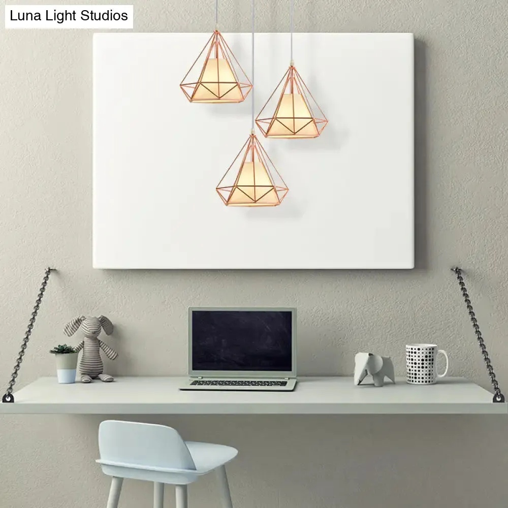 Modern Rose Gold Wire Frame Pendant Lamp with 3 Bulbs