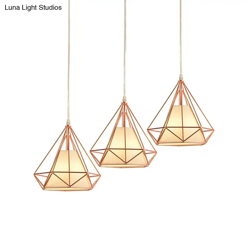 Modern Rose Gold Wire Frame Pendant Lamp with 3 Bulbs