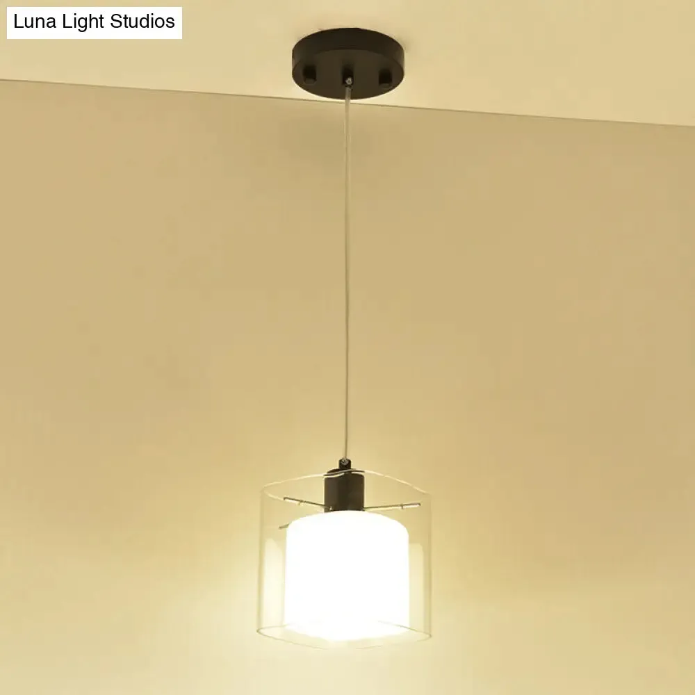 Modern Square Hanging Black Pendant Light Fixture with Clear and White Glass