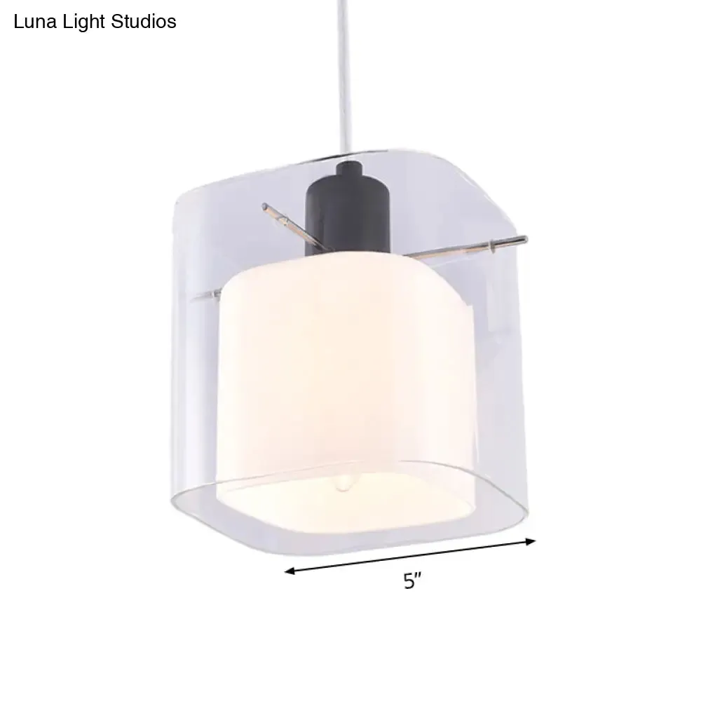 Modern Square Hanging Black Pendant Light Fixture with Clear and White Glass