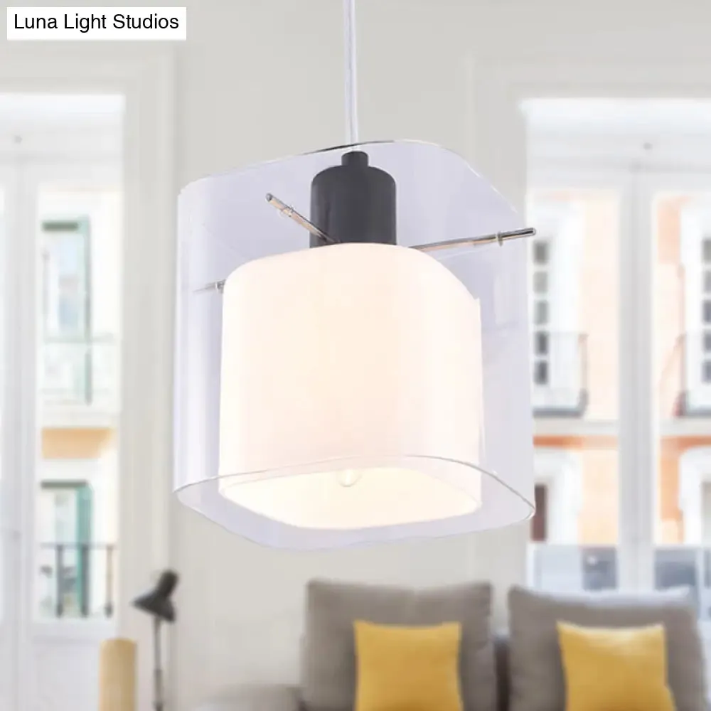 Modern Square Hanging Black Pendant Light Fixture with Clear and White Glass