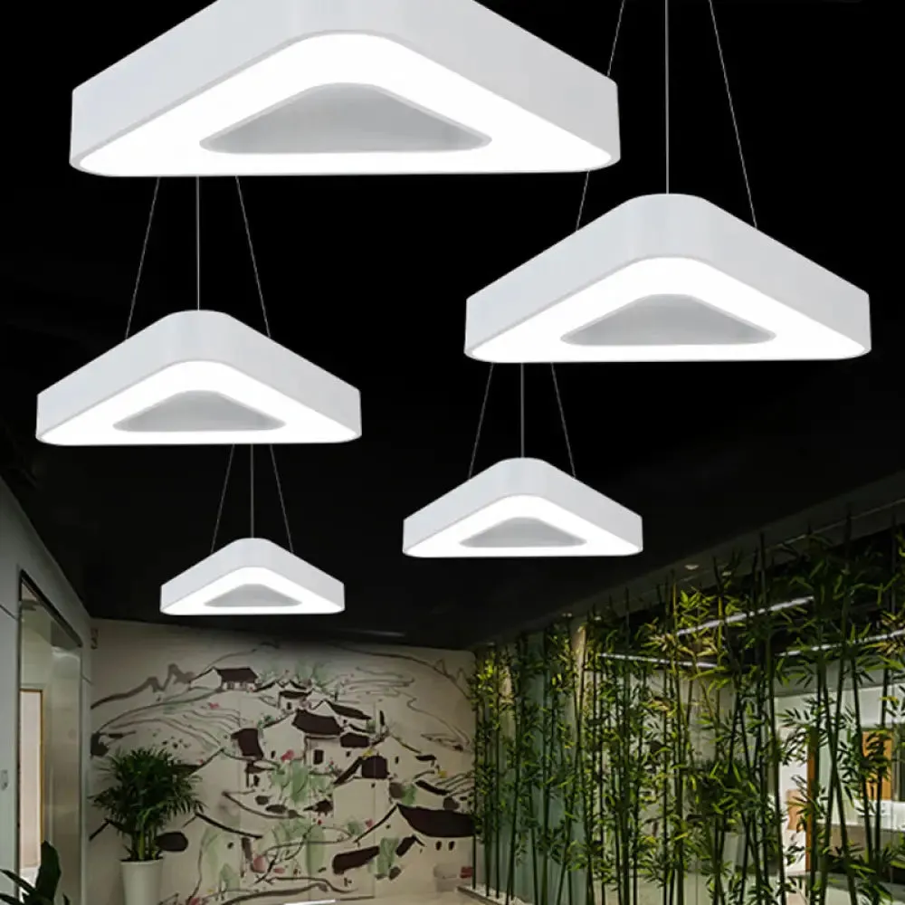 Modern Triangle Pendant Lamp - Metal LED Hanging Light for Office with White/Black Finish and Wide Sizes