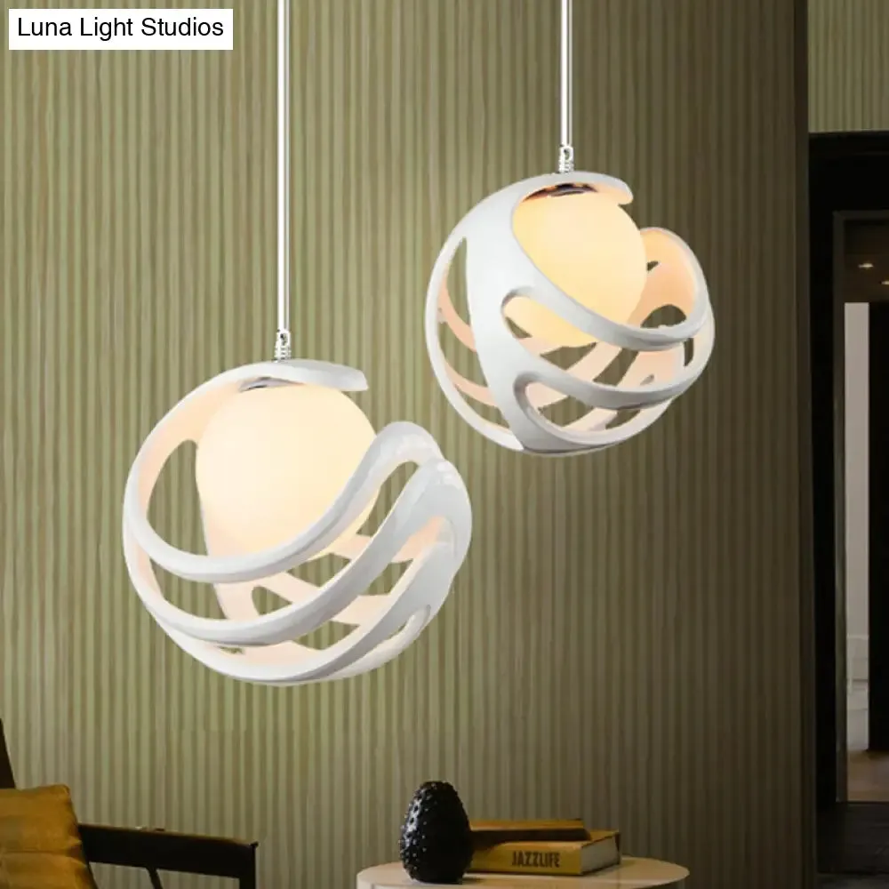 Modern White Pendant Light with Resin Curled Cage and Orb Milk Glass Shade - 1 Bulb Ceiling Lamp