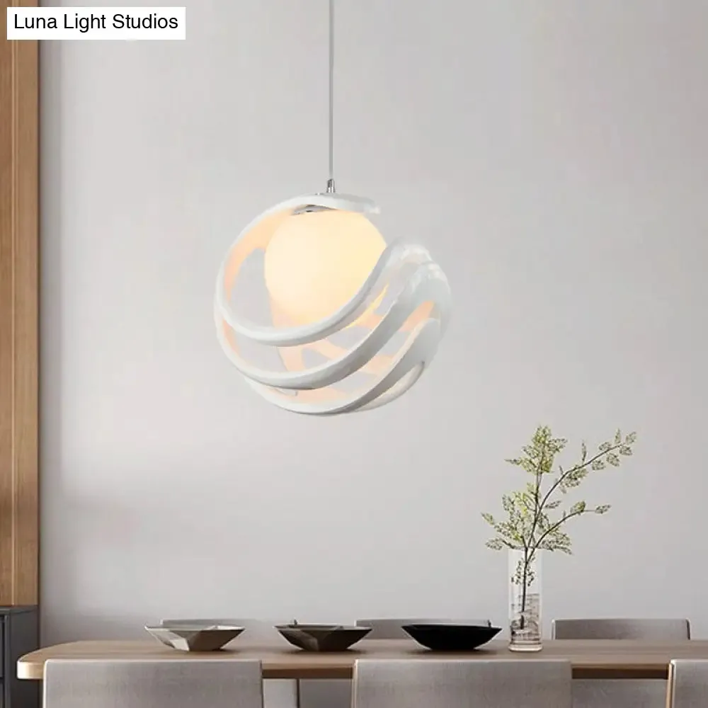 Modern White Pendant Light with Resin Curled Cage and Orb Milk Glass Shade - 1 Bulb Ceiling Lamp