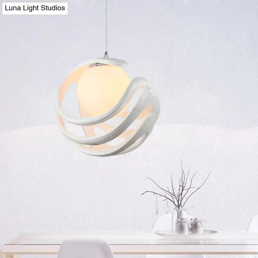 Modern White Pendant Light with Resin Curled Cage and Orb Milk Glass Shade - 1 Bulb Ceiling Lamp