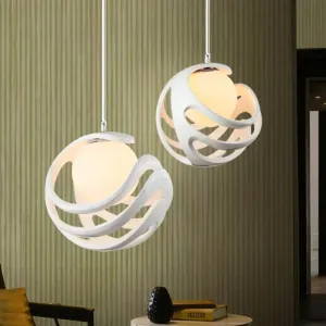 Modern White Pendant Light with Resin Curled Cage and Orb Milk Glass Shade - 1 Bulb Ceiling Lamp