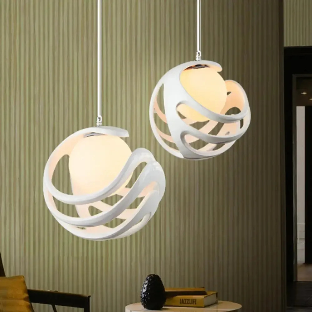 Modern White Pendant Light with Resin Curled Cage and Orb Milk Glass Shade - 1 Bulb Ceiling Lamp