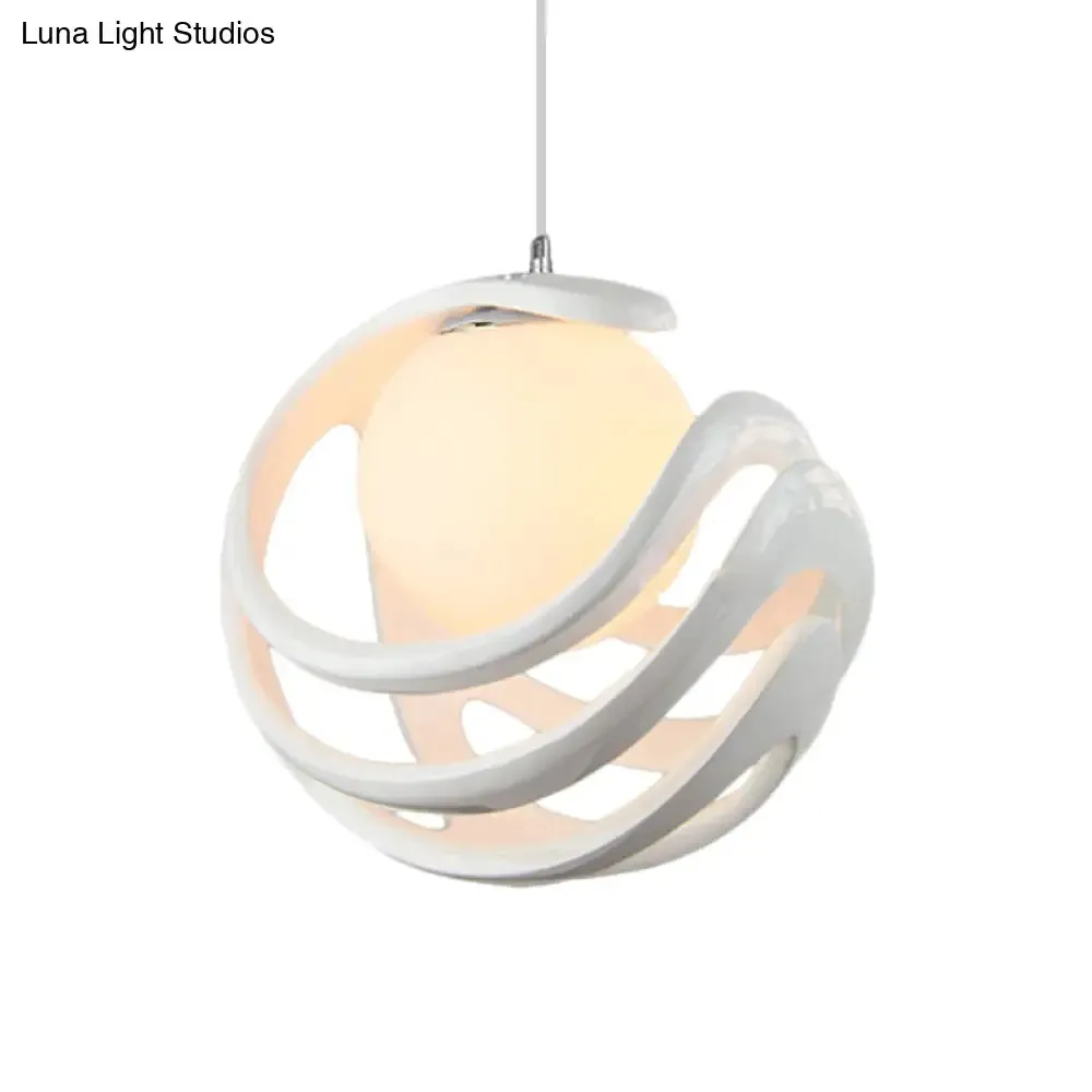 Modern White Pendant Light with Resin Curled Cage and Orb Milk Glass Shade - 1 Bulb Ceiling Lamp