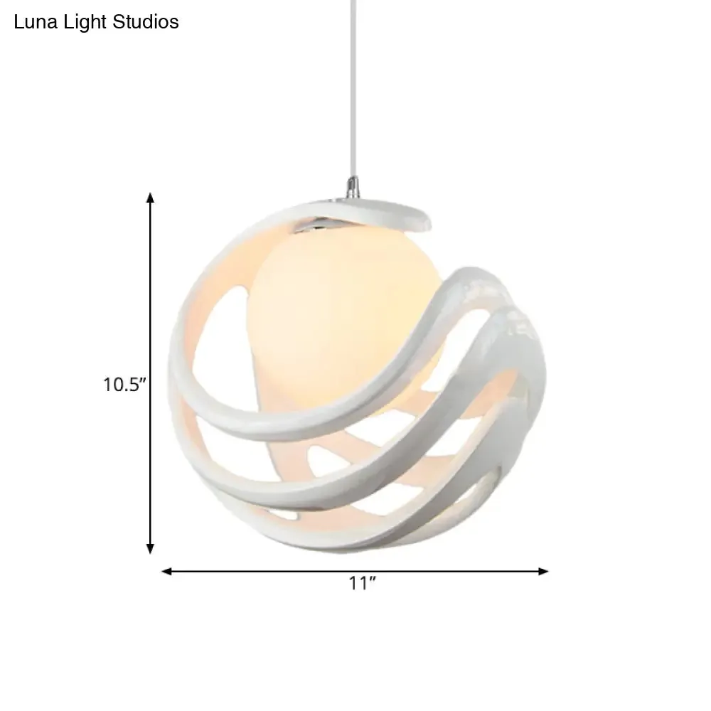 Modern White Pendant Light with Resin Curled Cage and Orb Milk Glass Shade - 1 Bulb Ceiling Lamp