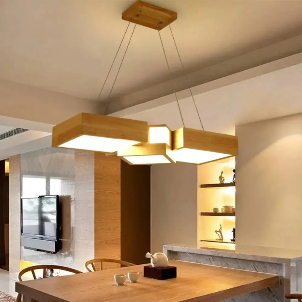 Modern Wood Dining Table LED Pendant Light with Symmetric Acrylic Shade - Warm/White Light, 24.5"/29" Width