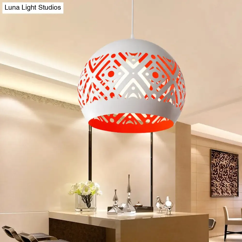 Modernist Iron Pendulum Light with White and Red Inner Design - 1-Light Hollowed-Out Dome Pendant Fixture