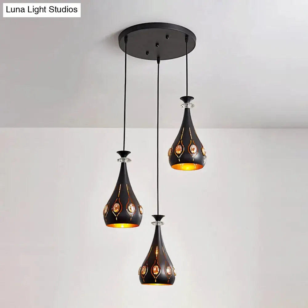 Modernist Metallic 3-Head Black Pendant Light for Dining Room - Globe/Oval/Waterdrop Cluster Design