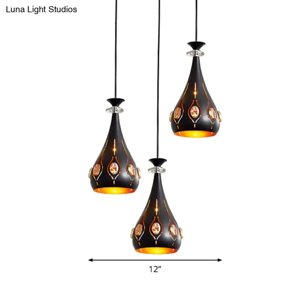 Modernist Metallic 3-Head Black Pendant Light for Dining Room - Globe/Oval/Waterdrop Cluster Design