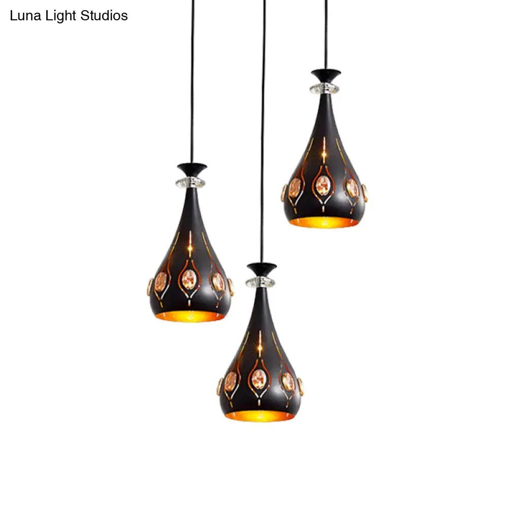 Modernist Metallic 3-Head Black Pendant Light for Dining Room - Globe/Oval/Waterdrop Cluster Design