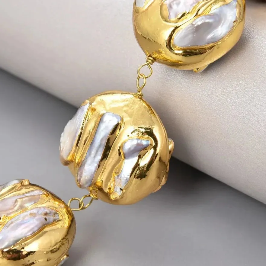 Natural White Keshi Biwa Pearl Gold Bracelet