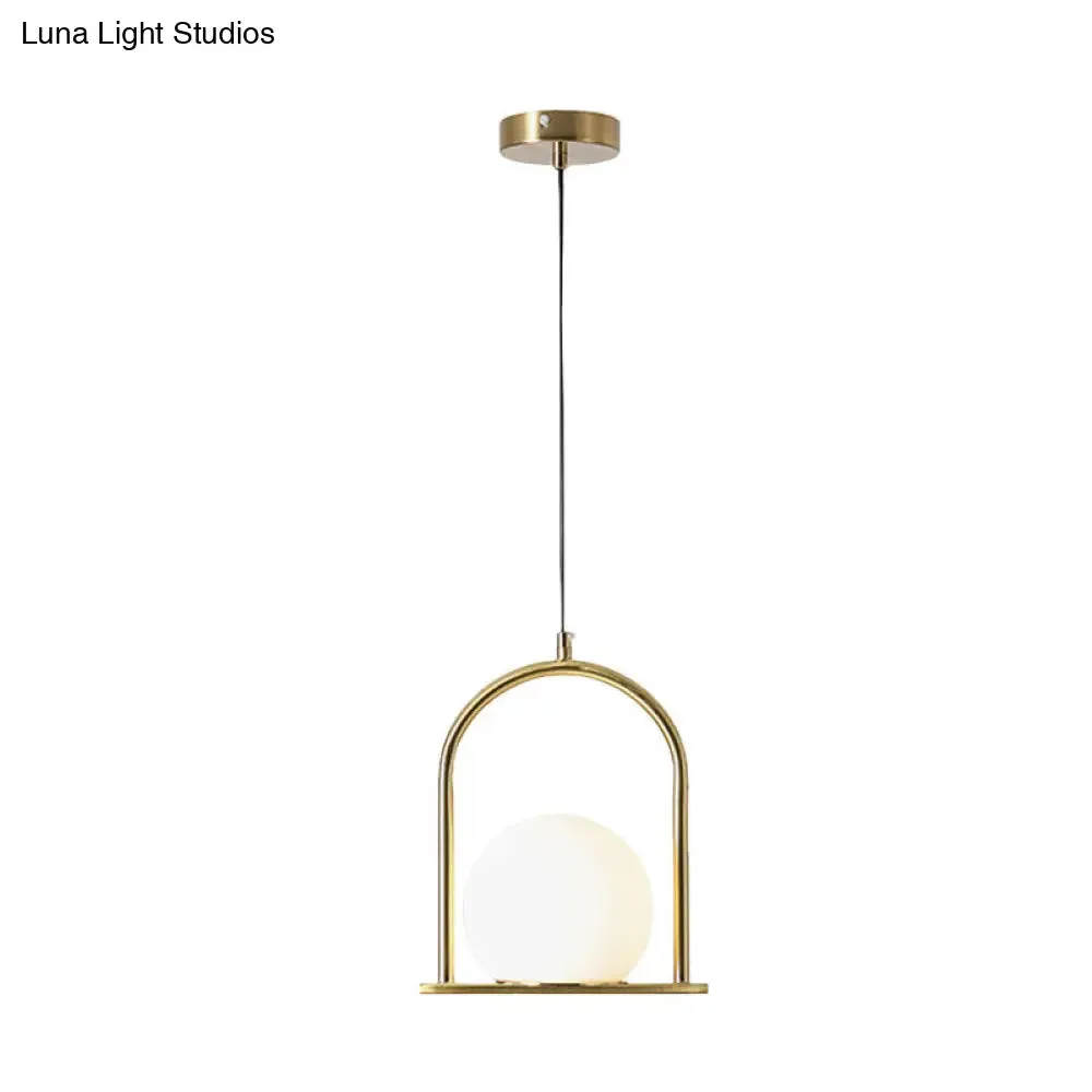 Nordic Arch Frame Pendant Light - Black/Gold, Opal Ball Glass, Suspended Ceiling Fixture with 1 Bulb