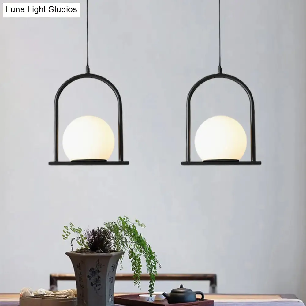 Nordic Arch Frame Pendant Light - Black/Gold, Opal Ball Glass, Suspended Ceiling Fixture with 1 Bulb