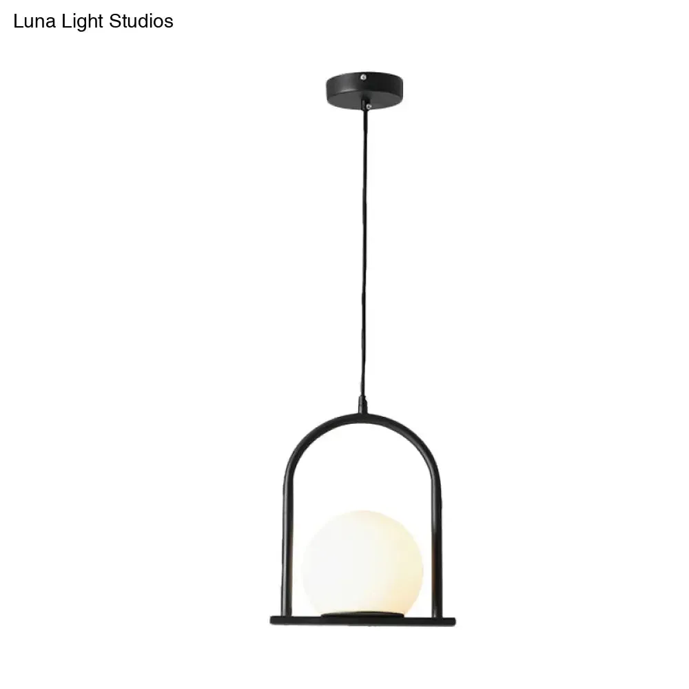 Nordic Arch Frame Pendant Light - Black/Gold, Opal Ball Glass, Suspended Ceiling Fixture with 1 Bulb