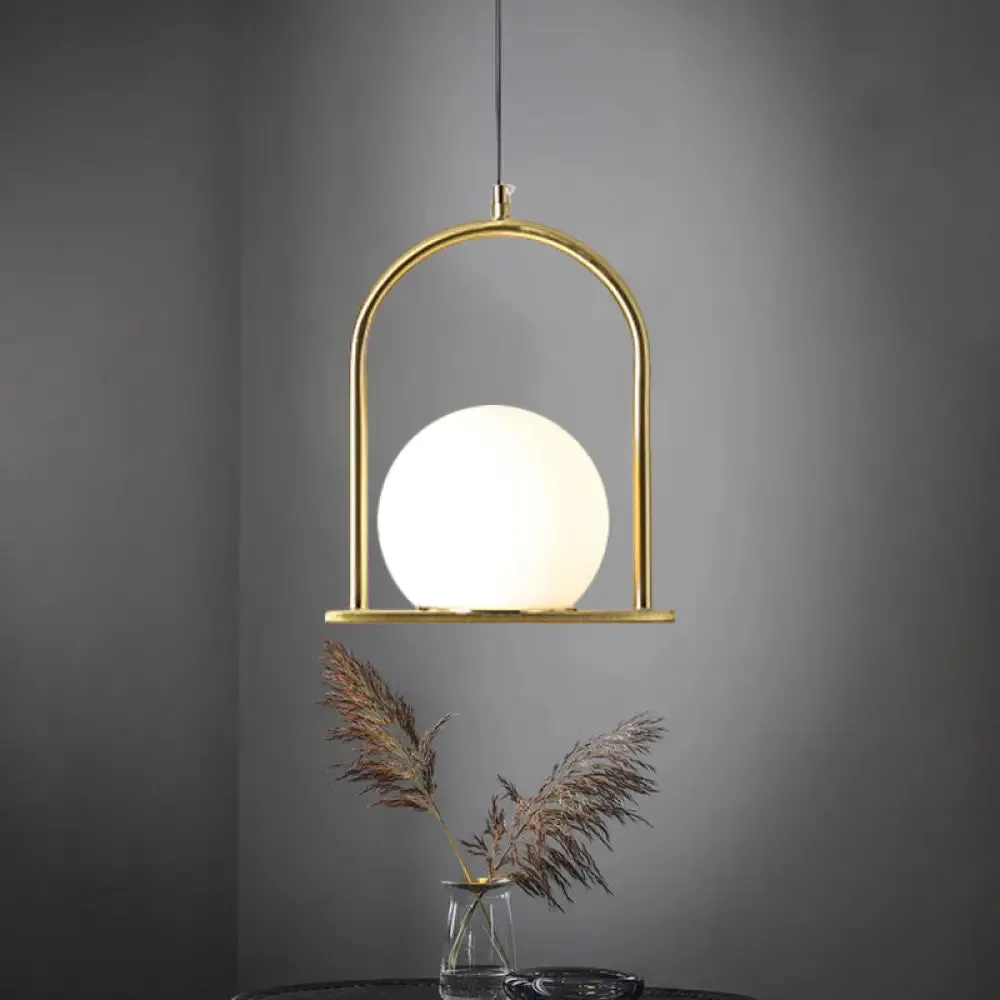 Nordic Arch Frame Pendant Light - Black/Gold, Opal Ball Glass, Suspended Ceiling Fixture with 1 Bulb