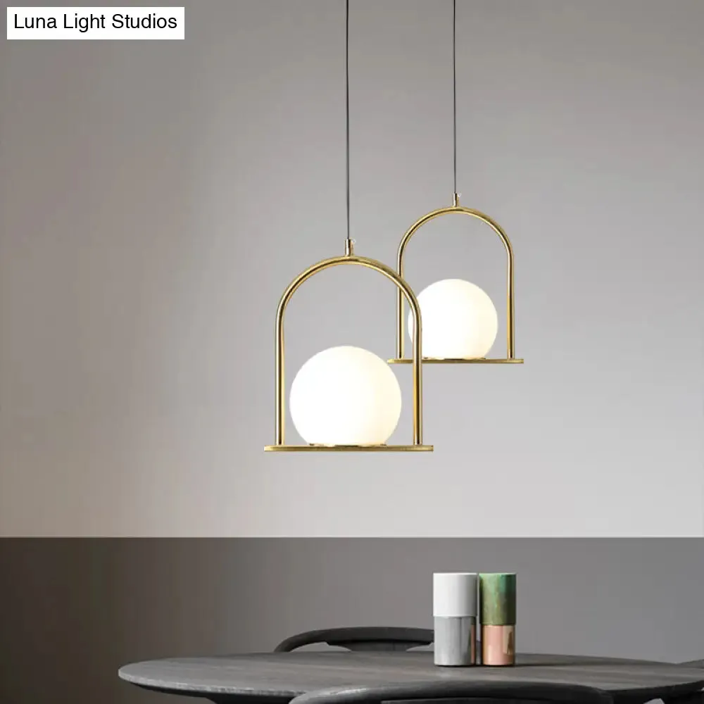 Nordic Arch Frame Pendant Light - Black/Gold, Opal Ball Glass, Suspended Ceiling Fixture with 1 Bulb