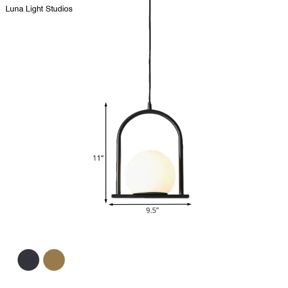 Nordic Arch Frame Pendant Light - Black/Gold, Opal Ball Glass, Suspended Ceiling Fixture with 1 Bulb