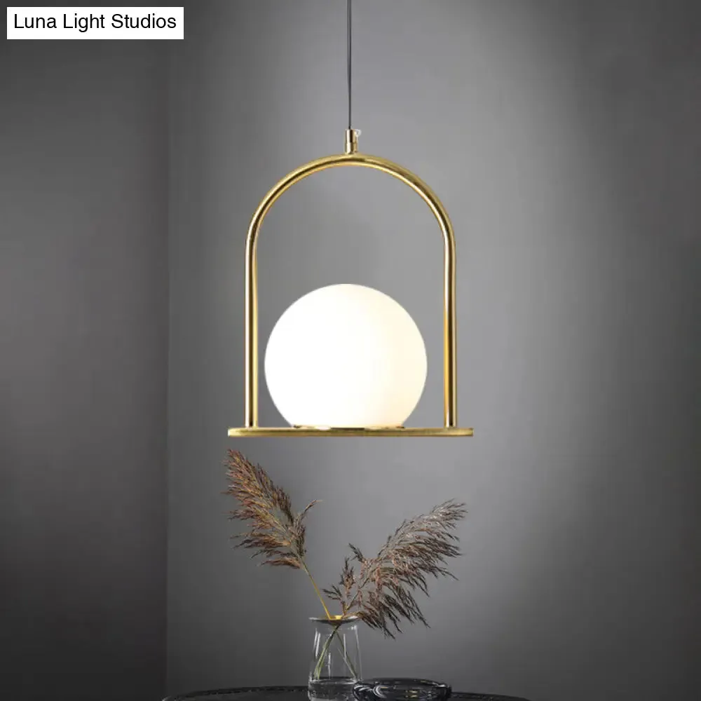 Nordic Arch Frame Pendant Light - Black/Gold, Opal Ball Glass, Suspended Ceiling Fixture with 1 Bulb