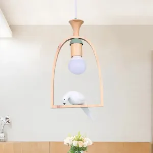 Nordic Green/White Pendant Ceiling Light with Arch Wood Frame and Bird Decoration - Single Dinette