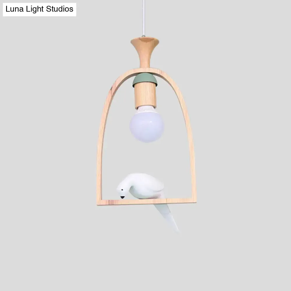 Nordic Green/White Pendant Ceiling Light with Arch Wood Frame and Bird Decoration - Single Dinette