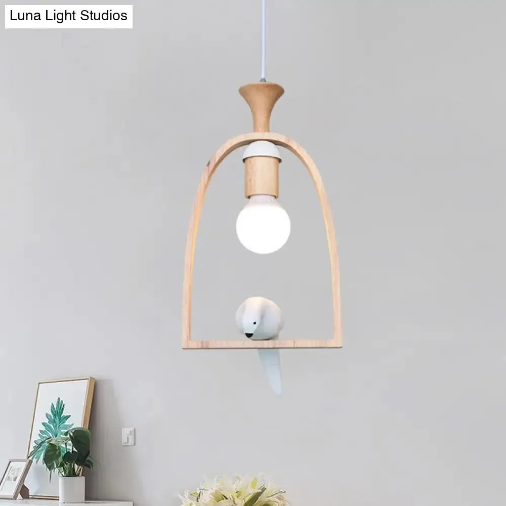 Nordic Green/White Pendant Ceiling Light with Arch Wood Frame and Bird Decoration - Single Dinette