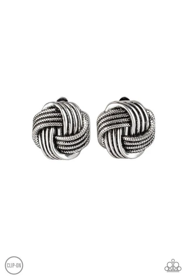 Paparazzi Earring ~ Noticeably Knotted - Silver