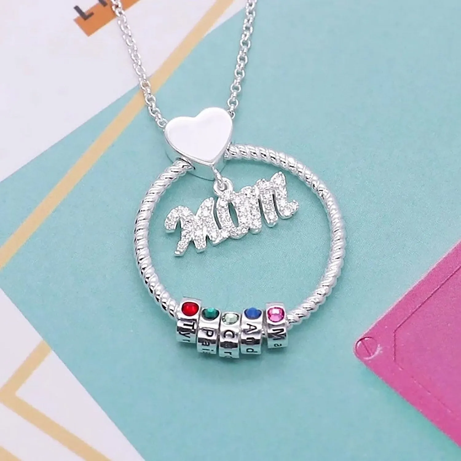 Personalised Circle Pendant Engraved Name Necklace With Birthstone Family Necklace