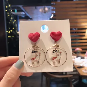 Rinhoo Christmas Circle Round Heart Deer Elk Pendant Earrings Piercing Ear Hook Earring Jewelry for Women