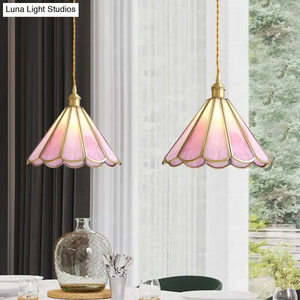 Romantic Brass Pendant Light with Floral Glass Shade - Perfect for Dining Rooms