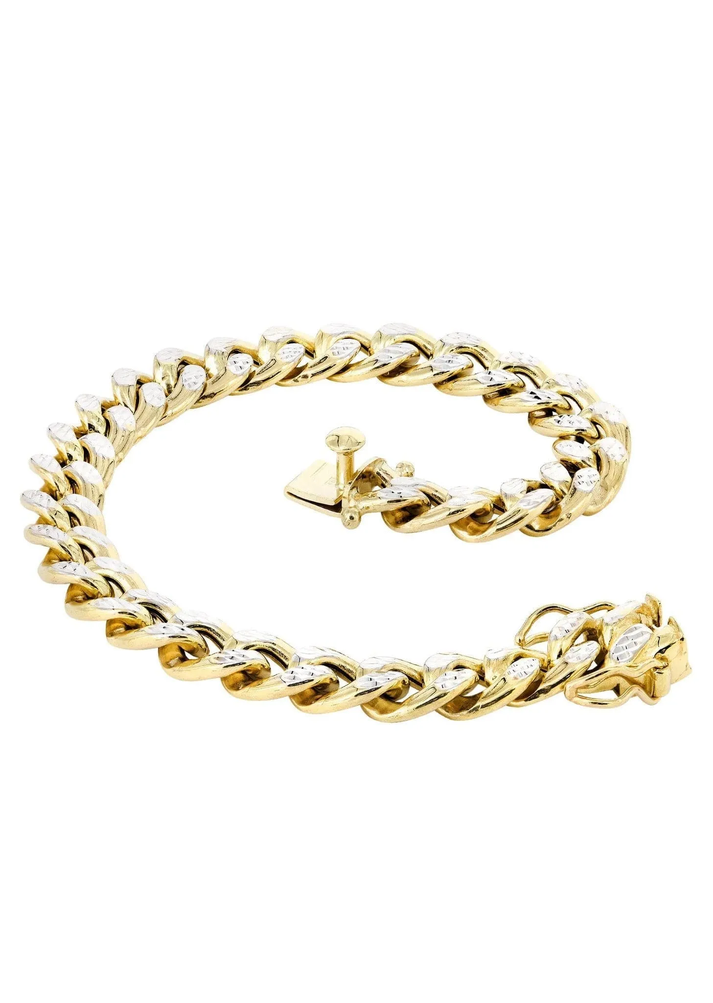 Semi Solid  Mens Diamond Cut Miami Cuban Link Bracelet 10K/14K Gold