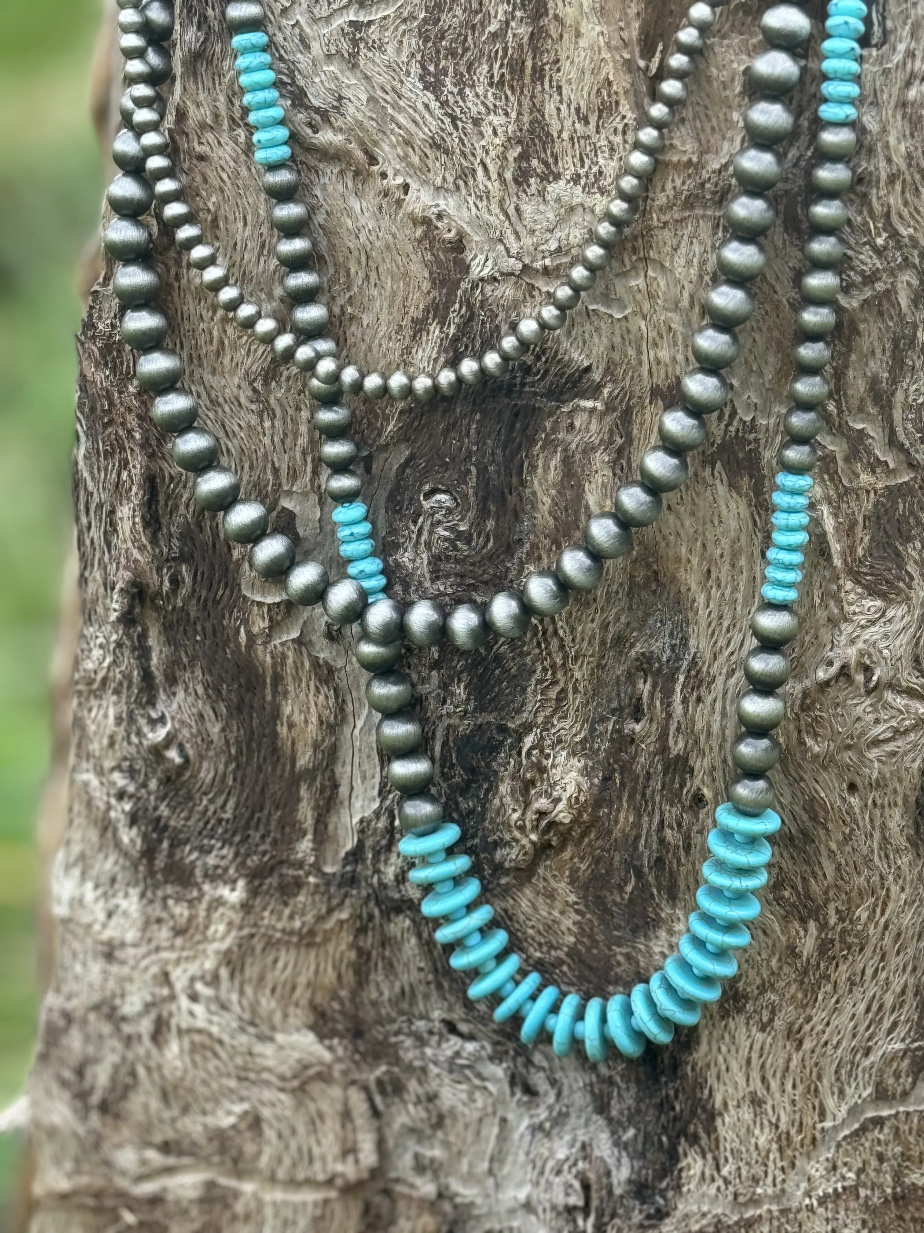 Silver Pearl and Turquoise Beaded Layer Necklace