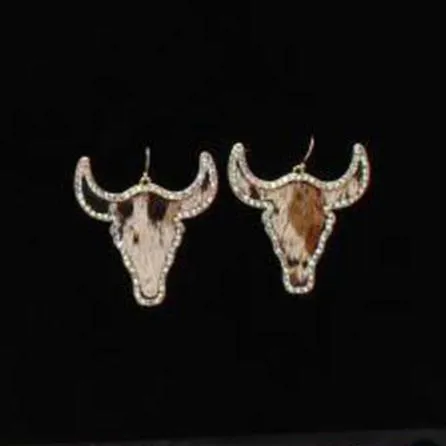 Silver Strike Steer Head Earrings with Calf Hair Inlay & Outlined in Crystals