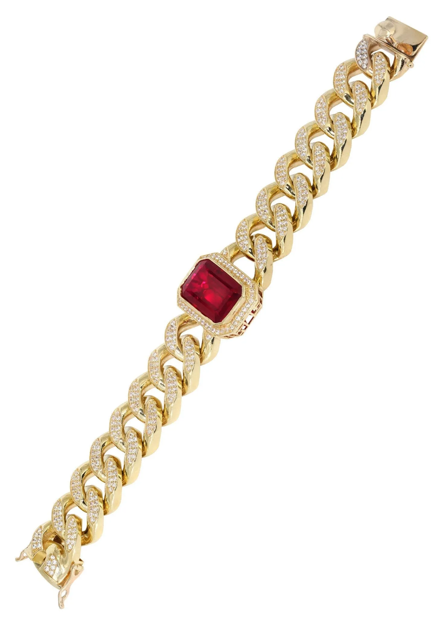 Solid Mens Ruby Miami Cuban Link Bracelet 10K Yellow Gold