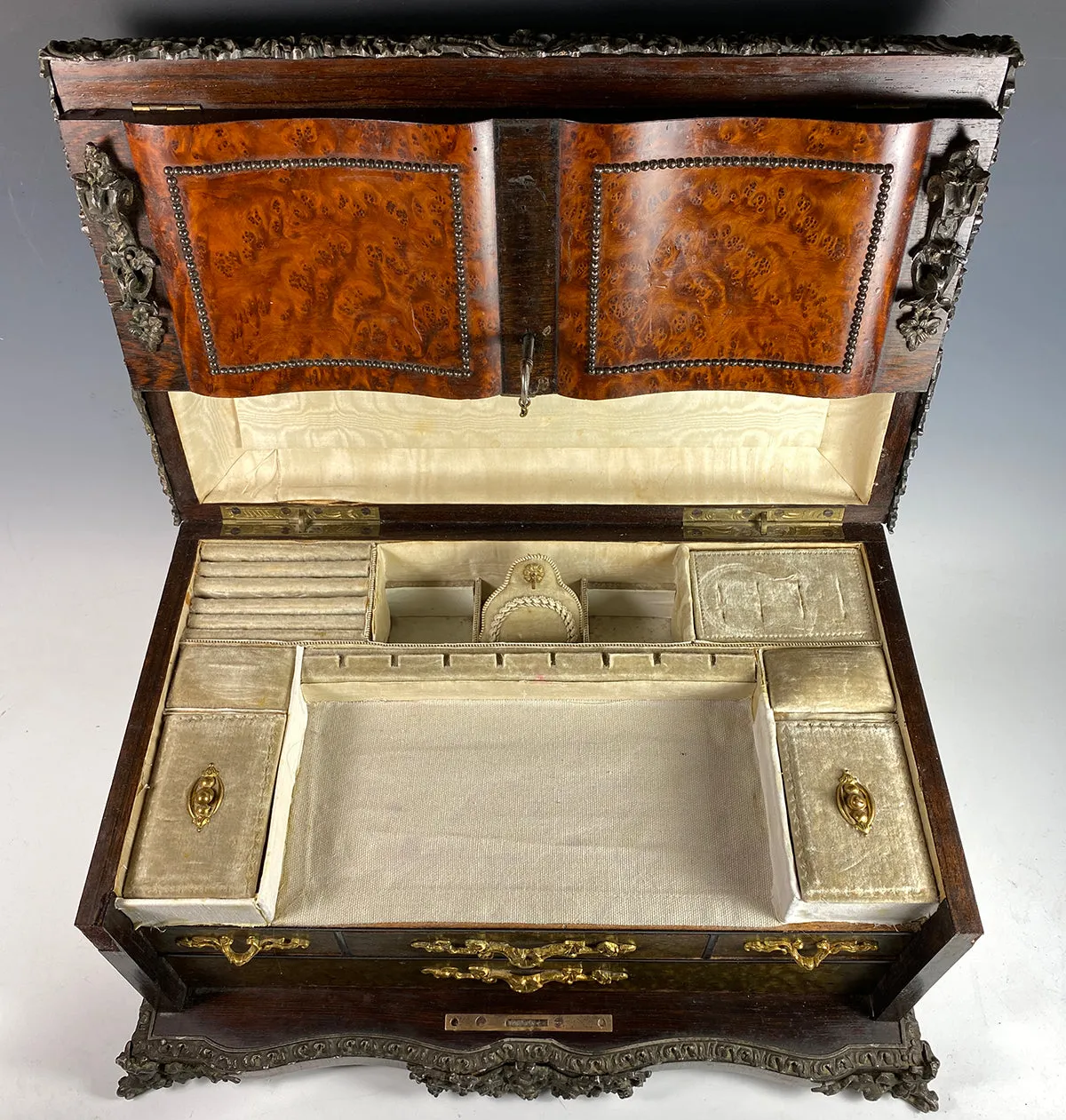 Superb Antique French 16" Large Jewelry Chest, Box, 4 Drawers,Napoleon III Era, Alphonse GIROUX