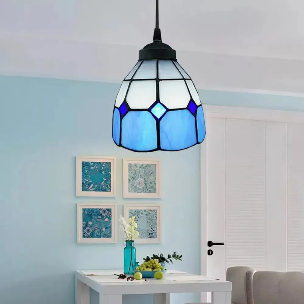 Tiffany-Style Flower Handcrafted Stained Glass Pendant Light in Yellow/Light Blue/Dark Blue