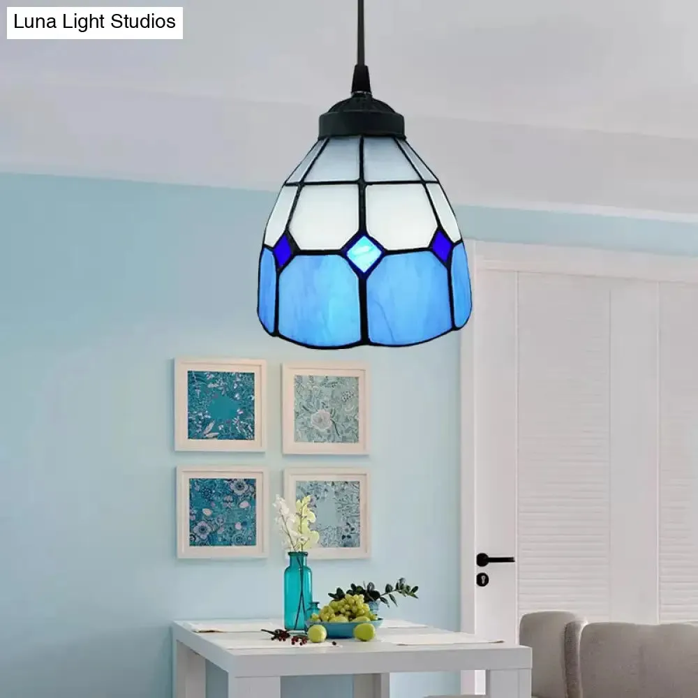 Tiffany-Style Flower Handcrafted Stained Glass Pendant Light in Yellow/Light Blue/Dark Blue