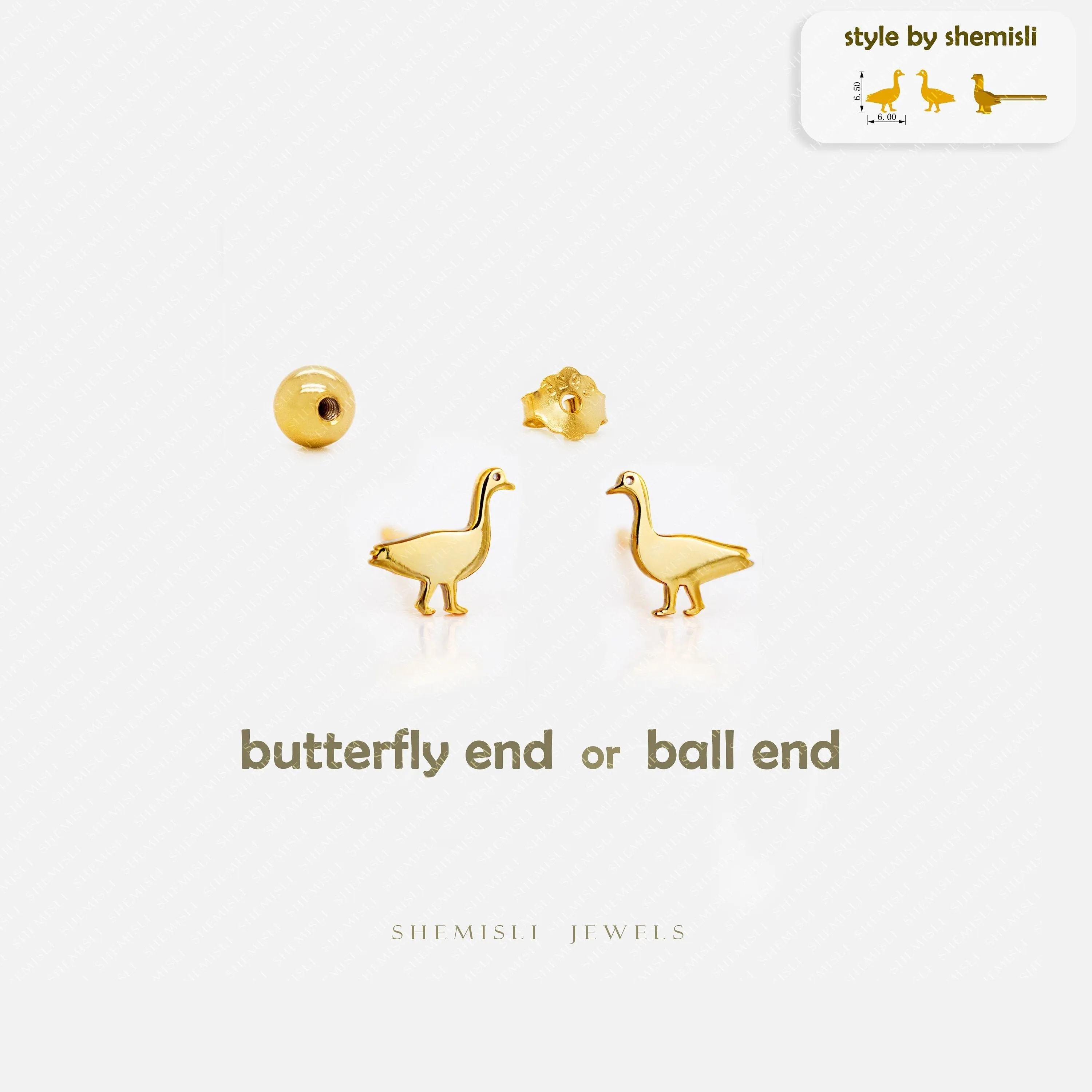 Tiny Duck, Goose, Bird Studs Earrings, Unisex, Gold, Silver SHEMISLI SS879 Butterfly End, SS880 Screw Ball End (Type A) LR