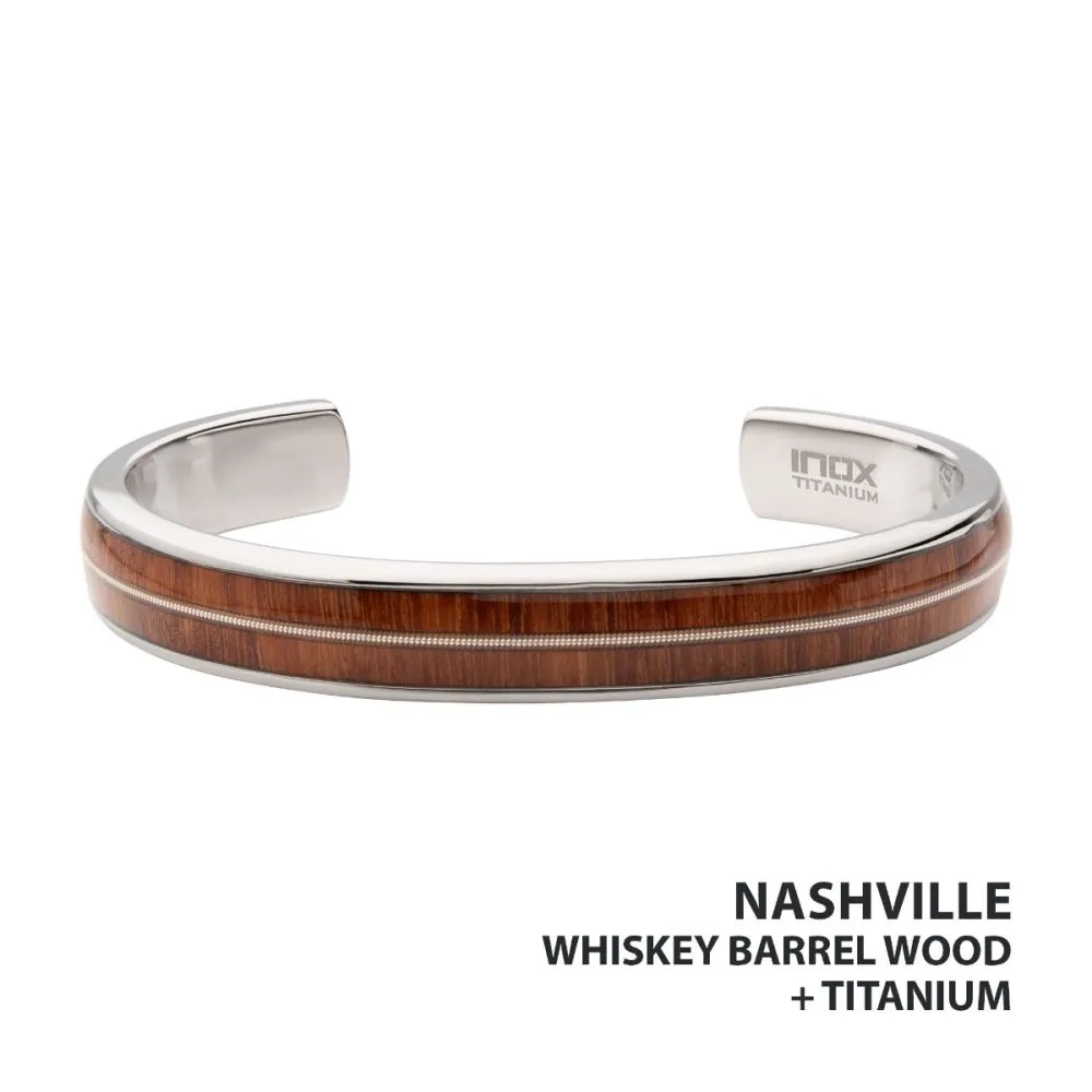 Titanium & Whiskey Barrel Wood Inlay with Embedded Guitar String Cuff Bracelet