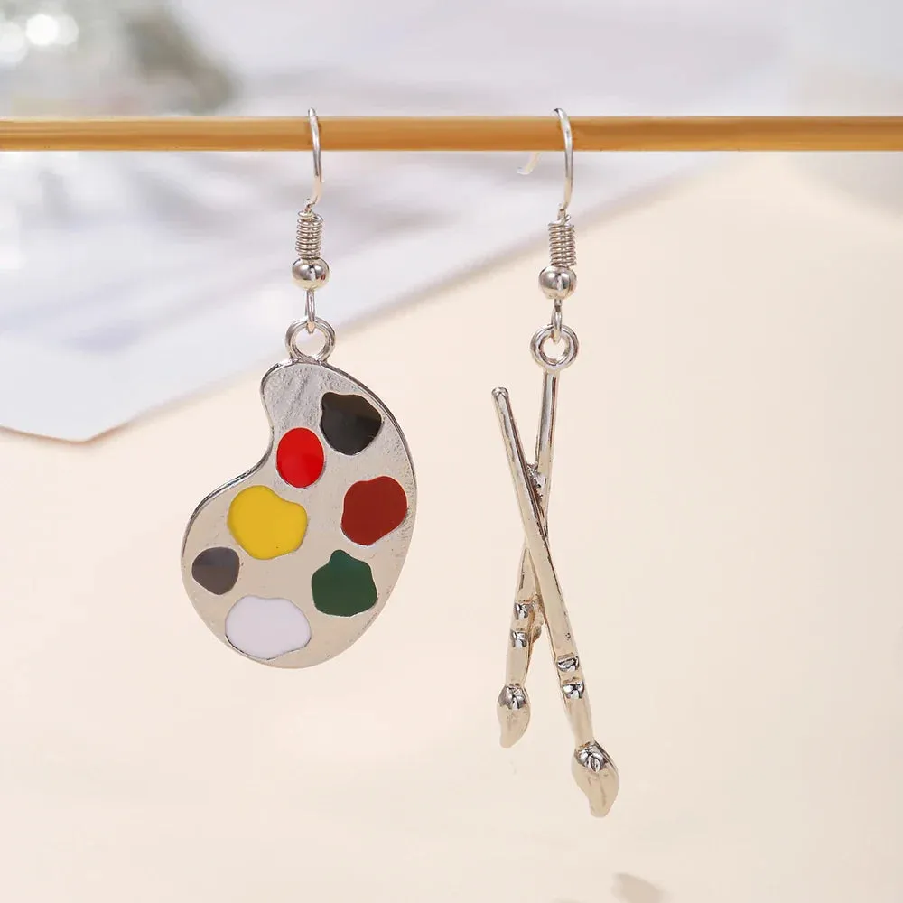 Trendy Enamel Asymmetrical Color Dangle Earrings Artist Brush Palette Drop Painting Tool Ear Earring