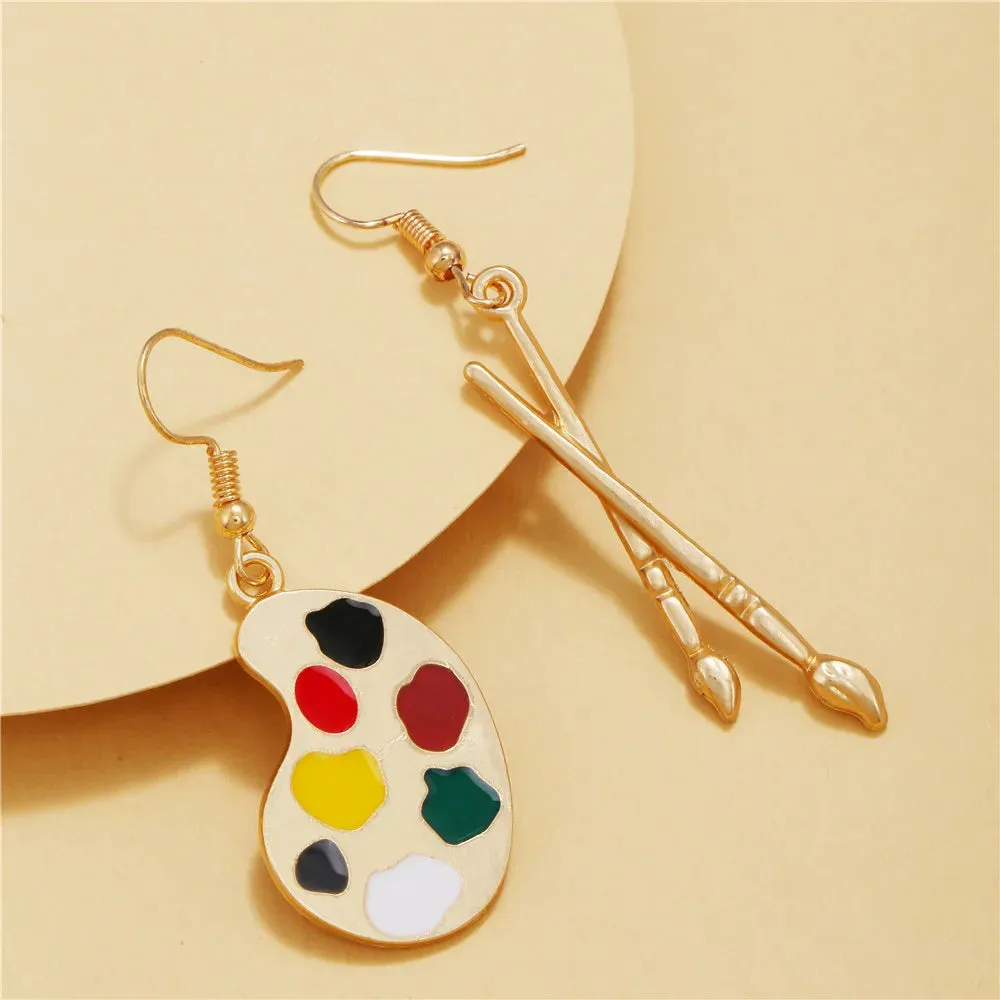 Trendy Enamel Asymmetrical Color Dangle Earrings Artist Brush Palette Drop Painting Tool Ear Earring