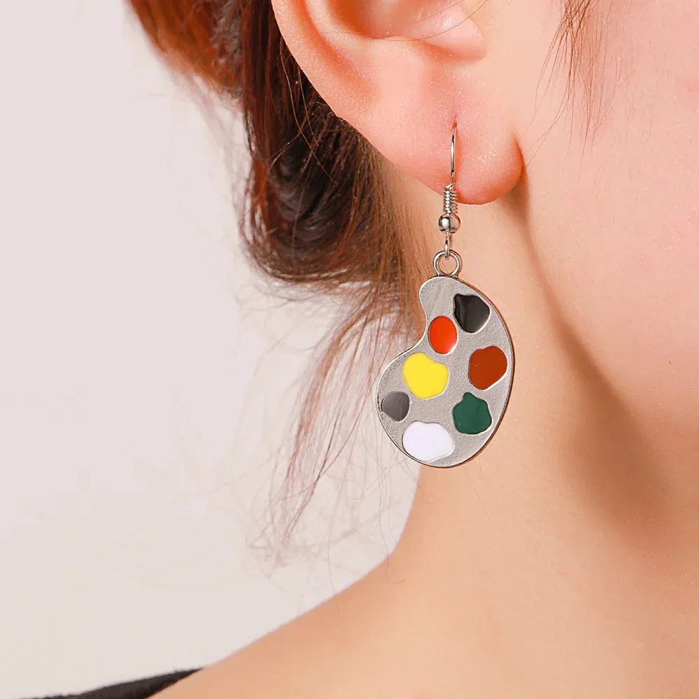 Trendy Enamel Asymmetrical Color Dangle Earrings Artist Brush Palette Drop Painting Tool Ear Earring